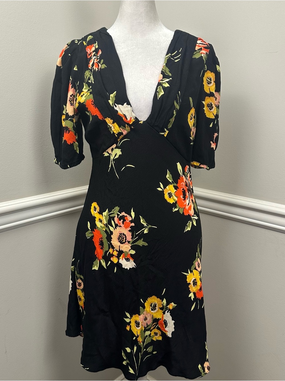 Free People Black Floral V-Neck Mini Dress with Short Sleeve 4